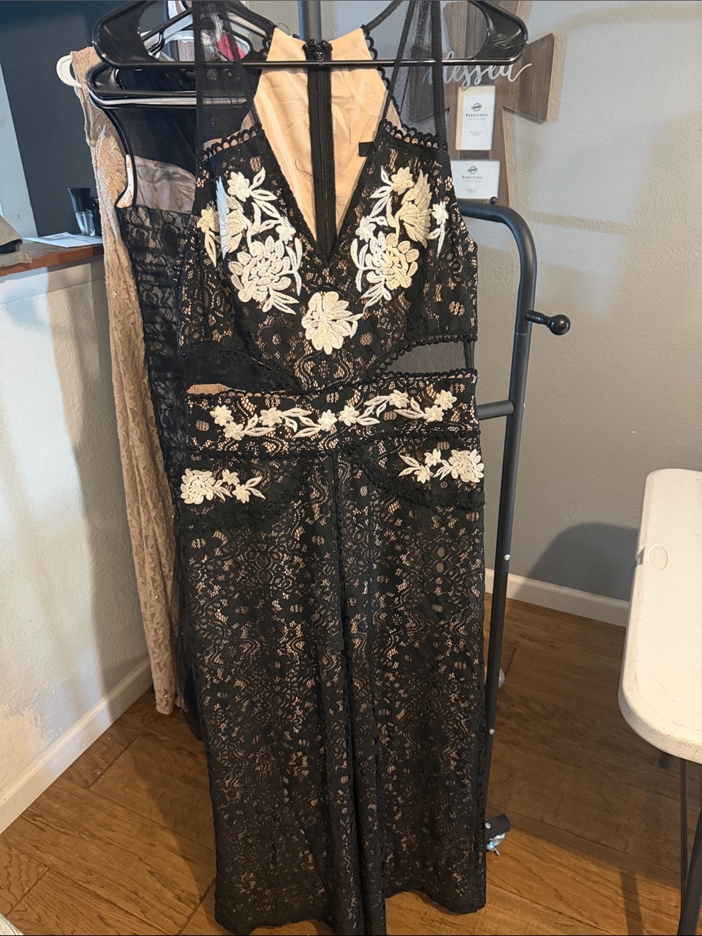 Sugarlips Black Lace Jumpsuit with Cream Floral Appliqué
